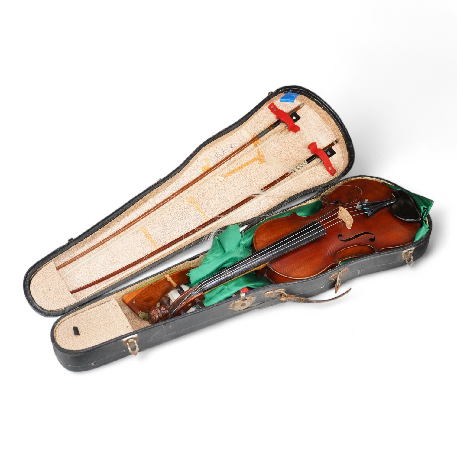 A cased late 19th century German Mittenwald violin with lion’s head scroll, and two bows, Ivory submission ref: RP2E5HT1